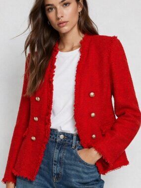 Zara Tweed Double-Breasted Blazer with Frayed Edge in Red